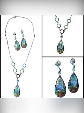 Rainbow Teardrop Silver Aurora Borealis Crystal Necklace and Earring Set